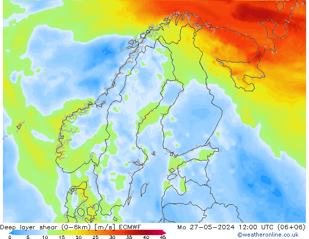 Deep layer shear (0-6km) ECMWF pon. 27.05.2024 12 UTC