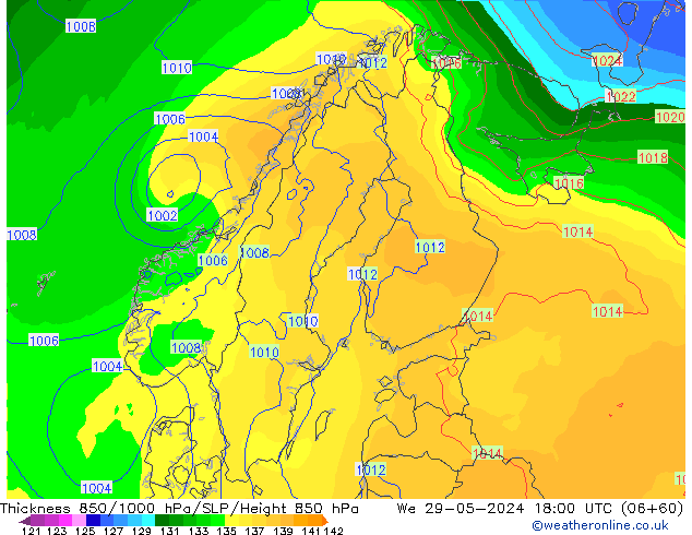 Thck 850-1000 hPa ECMWF mer 29.05.2024 18 UTC