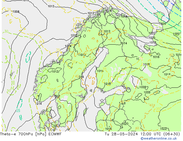 Theta-e 700hPa ECMWF Tu 28.05.2024 12 UTC