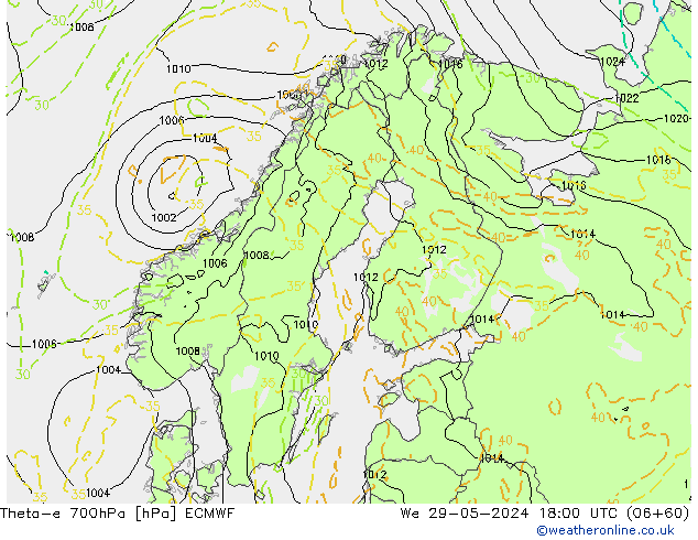 Theta-e 700hPa ECMWF mer 29.05.2024 18 UTC