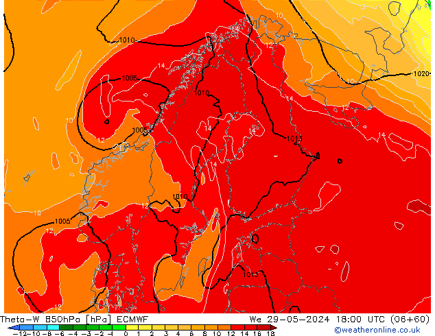 Theta-W 850hPa ECMWF mer 29.05.2024 18 UTC