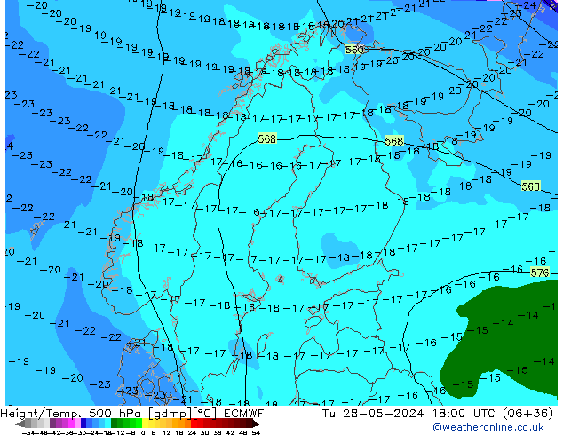 Height/Temp. 500 hPa ECMWF Tu 28.05.2024 18 UTC