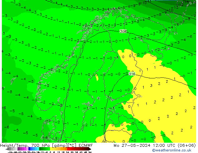 Height/Temp. 700 hPa ECMWF Mo 27.05.2024 12 UTC