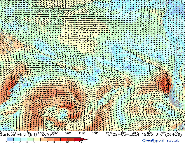 Surface wind (bft) ECMWF Út 28.05.2024 18 UTC