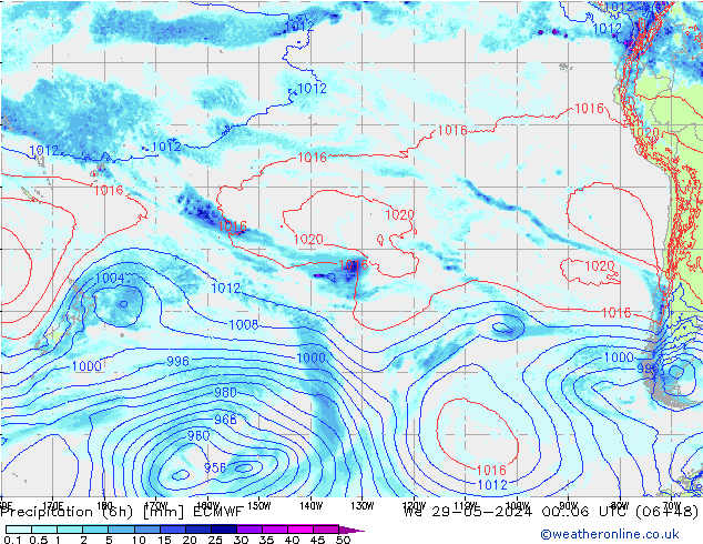 Totale neerslag (6h) ECMWF wo 29.05.2024 06 UTC