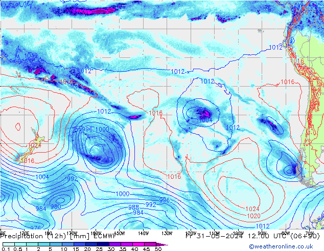 Precipitation (12h) ECMWF Pá 31.05.2024 00 UTC