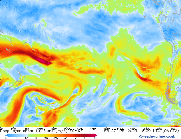 Deep layer shear (0-6km) ECMWF пн 27.05.2024 18 UTC