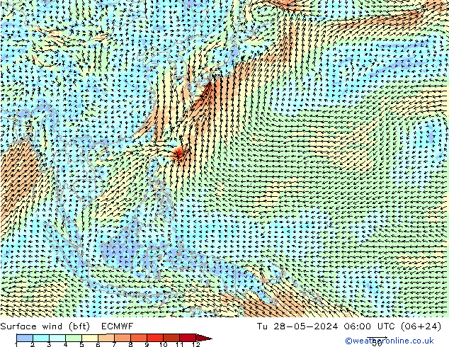 wiatr 10 m (bft) ECMWF wto. 28.05.2024 06 UTC