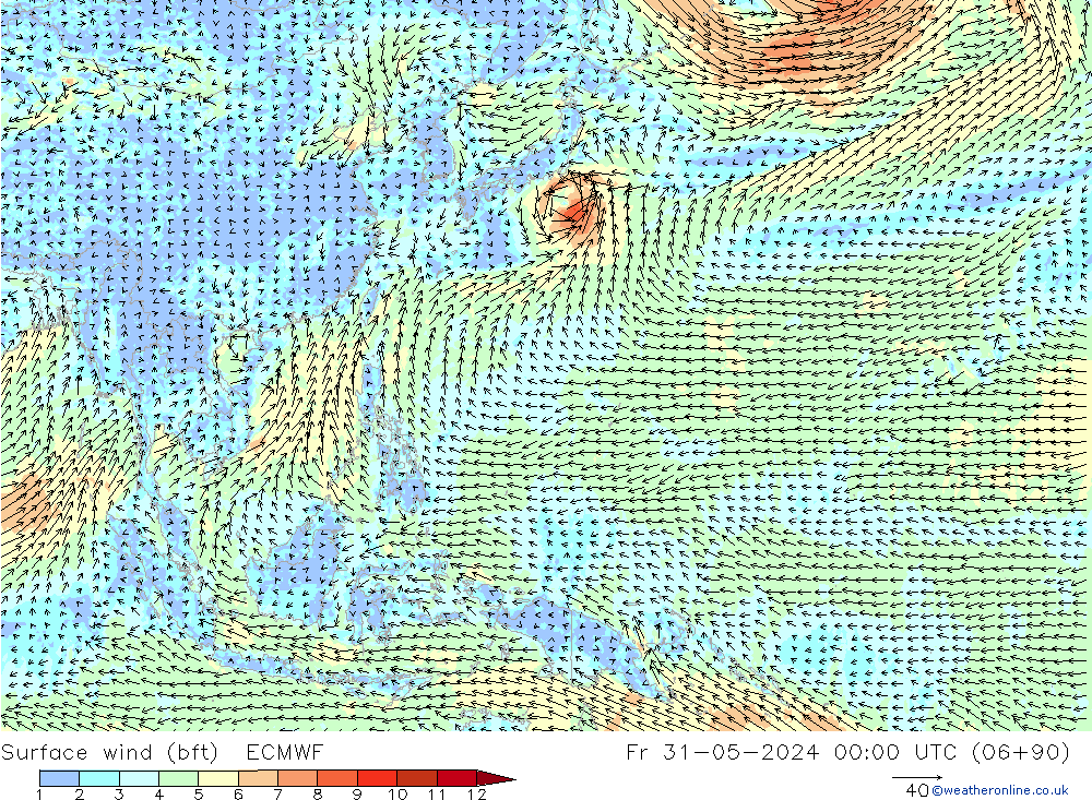 ве�Bе�@ 10 m (bft) ECMWF пт 31.05.2024 00 UTC