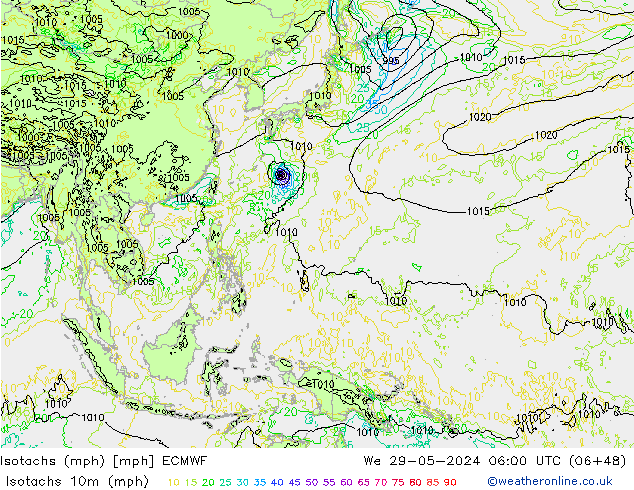 Isotachs (mph) ECMWF We 29.05.2024 06 UTC