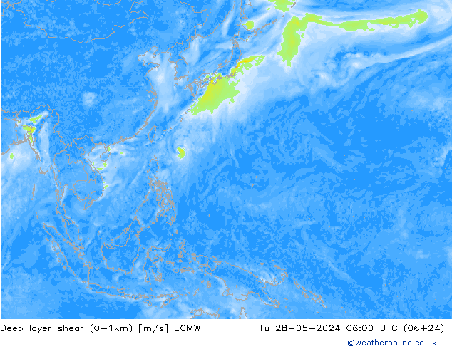 Deep layer shear (0-1km) ECMWF Tu 28.05.2024 06 UTC