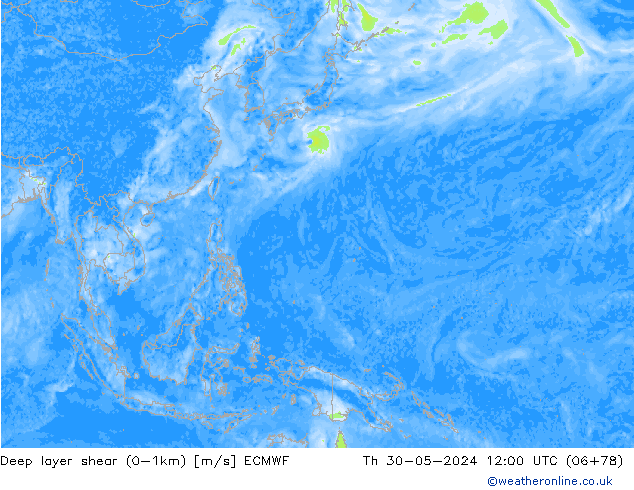 Deep layer shear (0-1km) ECMWF Th 30.05.2024 12 UTC