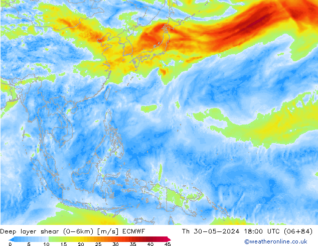 Deep layer shear (0-6km) ECMWF Do 30.05.2024 18 UTC