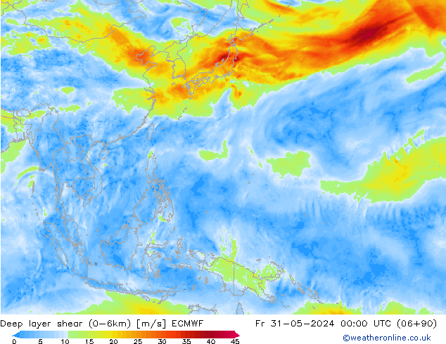 Deep layer shear (0-6km) ECMWF Fr 31.05.2024 00 UTC