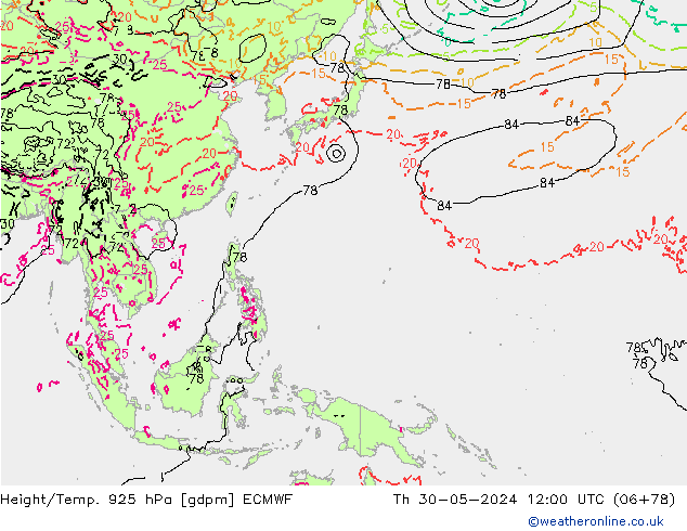 Height/Temp. 925 hPa ECMWF Th 30.05.2024 12 UTC