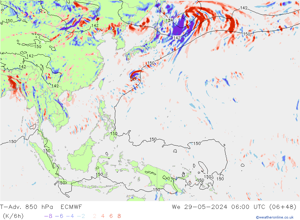 T-Adv. 850 гПа ECMWF ср 29.05.2024 06 UTC