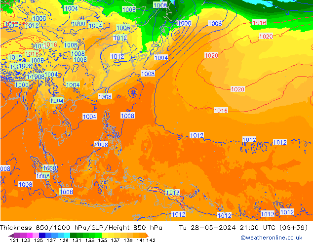 Thck 850-1000 гПа ECMWF вт 28.05.2024 21 UTC