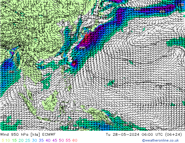 wiatr 950 hPa ECMWF wto. 28.05.2024 06 UTC