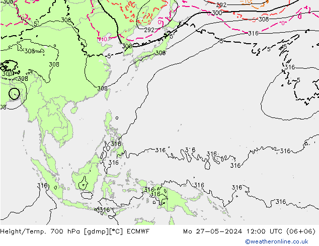 Height/Temp. 700 hPa ECMWF Po 27.05.2024 12 UTC