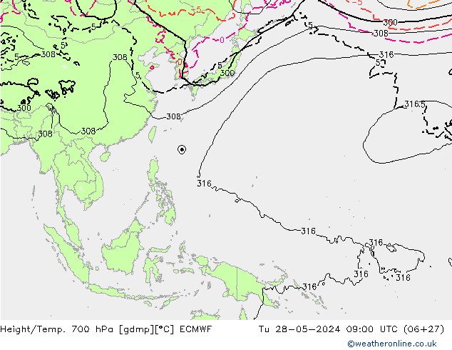 Hoogte/Temp. 700 hPa ECMWF di 28.05.2024 09 UTC