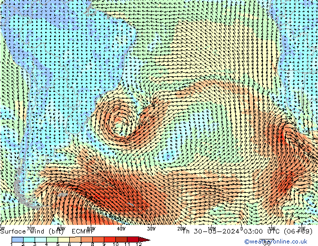 Wind 10 m (bft) ECMWF do 30.05.2024 03 UTC