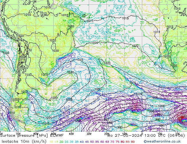 Isotachs (kph) ECMWF Seg 27.05.2024 12 UTC