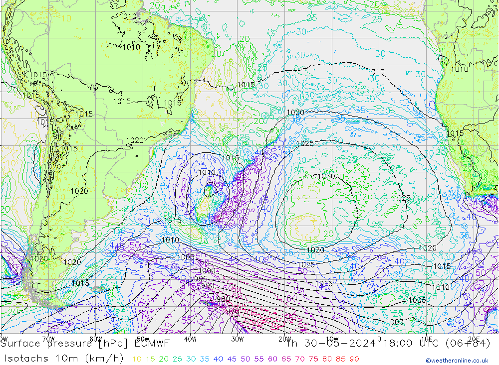 Isotaca (kph) ECMWF jue 30.05.2024 18 UTC