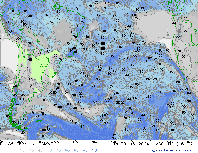 RH 850 hPa ECMWF gio 30.05.2024 06 UTC