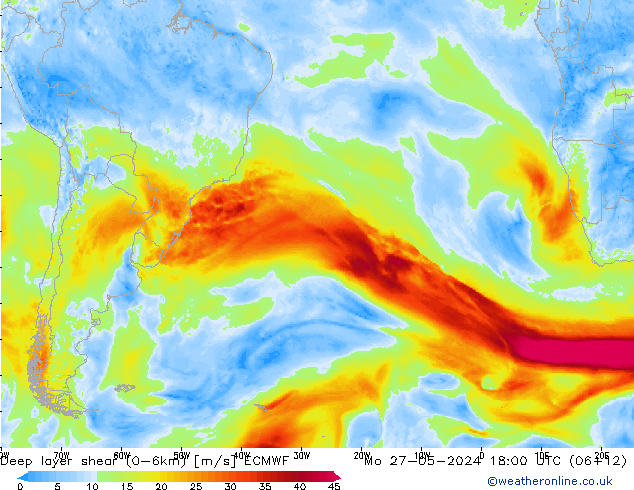 Deep layer shear (0-6km) ECMWF lun 27.05.2024 18 UTC