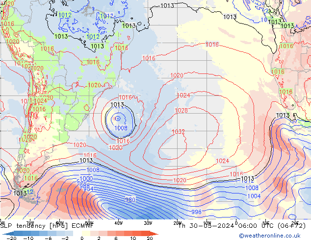 Druktendens (+/-) ECMWF do 30.05.2024 06 UTC