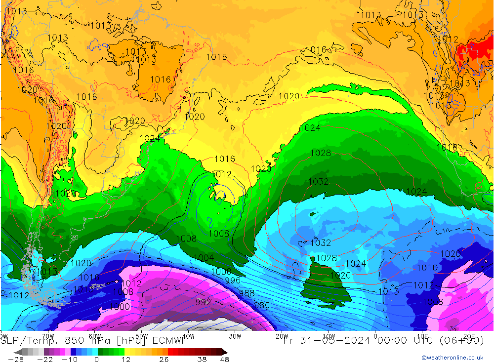 SLP/Temp. 850 hPa ECMWF vr 31.05.2024 00 UTC