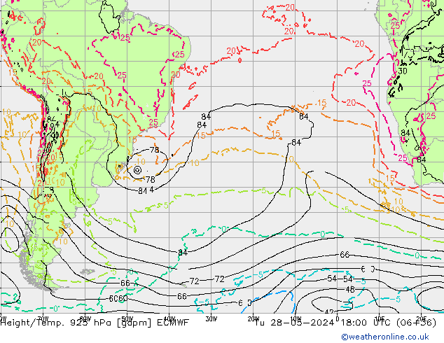 Height/Temp. 925 hPa ECMWF Tu 28.05.2024 18 UTC