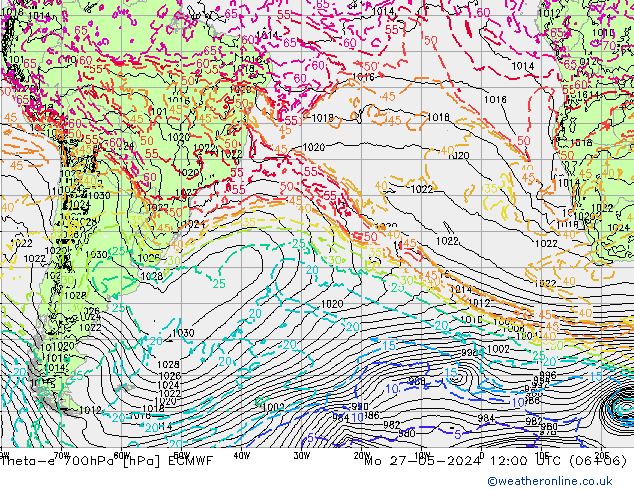 Theta-e 700hPa ECMWF Pzt 27.05.2024 12 UTC