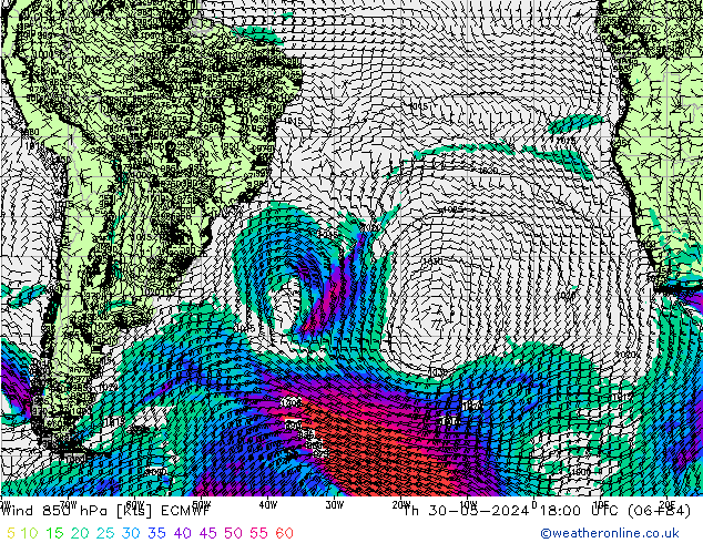 Viento 850 hPa ECMWF jue 30.05.2024 18 UTC