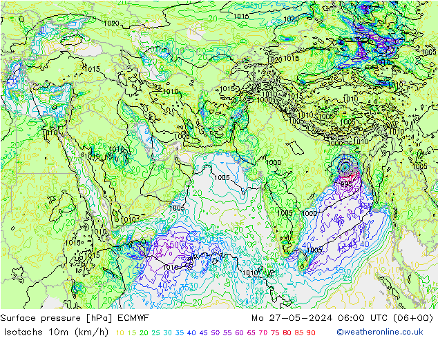 Isotachs (kph) ECMWF Po 27.05.2024 06 UTC