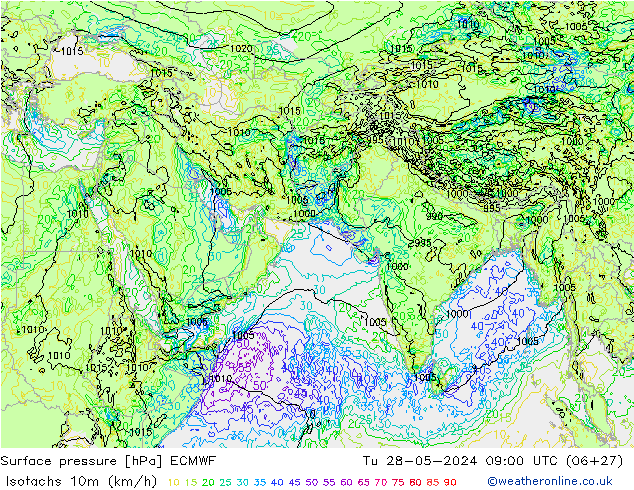 Isotachs (kph) ECMWF Tu 28.05.2024 09 UTC