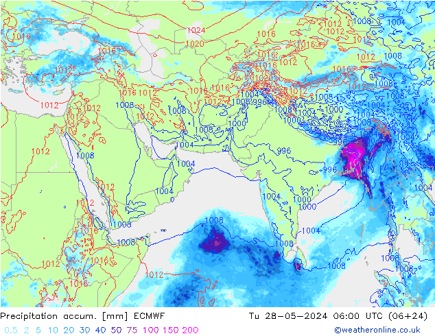 Precipitation accum. ECMWF Tu 28.05.2024 06 UTC