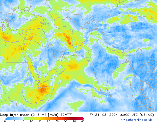 Deep layer shear (0-6km) ECMWF Fr 31.05.2024 00 UTC