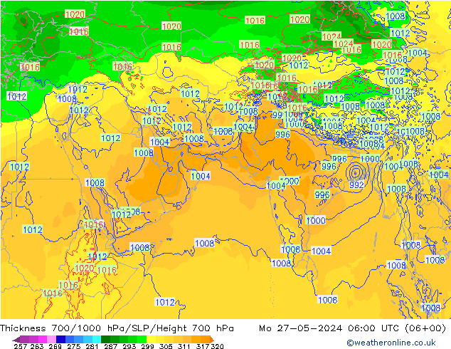 Thck 700-1000 hPa ECMWF Mo 27.05.2024 06 UTC