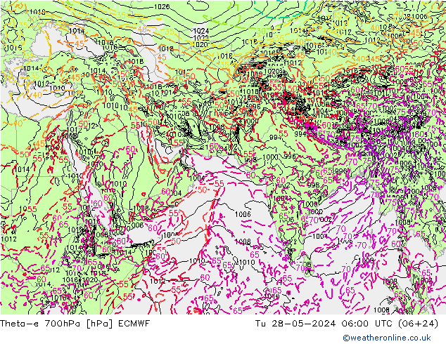 Theta-e 700hPa ECMWF  28.05.2024 06 UTC