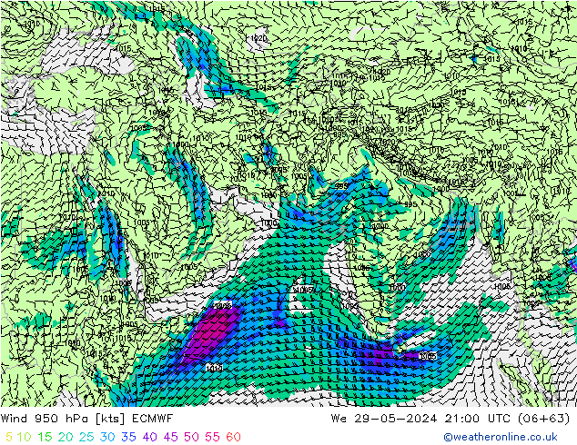 Wind 950 hPa ECMWF We 29.05.2024 21 UTC