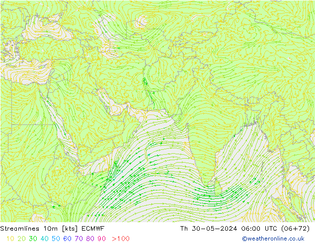 Streamlines 10m ECMWF Th 30.05.2024 06 UTC