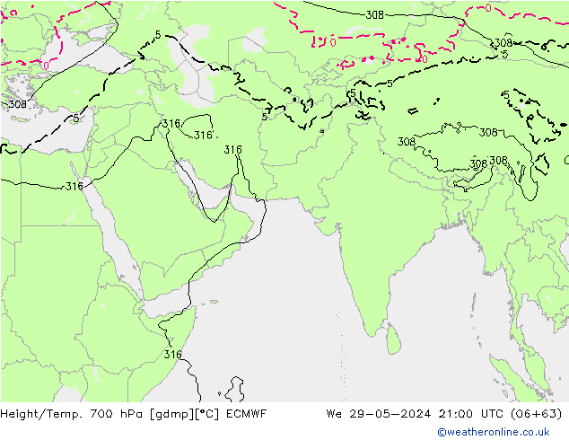 Height/Temp. 700 hPa ECMWF We 29.05.2024 21 UTC