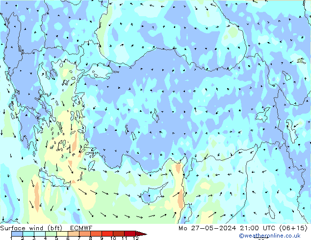 Vento 10 m (bft) ECMWF lun 27.05.2024 21 UTC