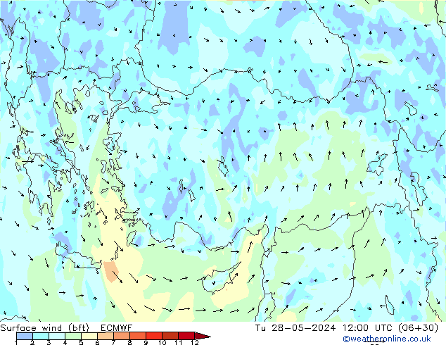 Viento 10 m (bft) ECMWF mar 28.05.2024 12 UTC