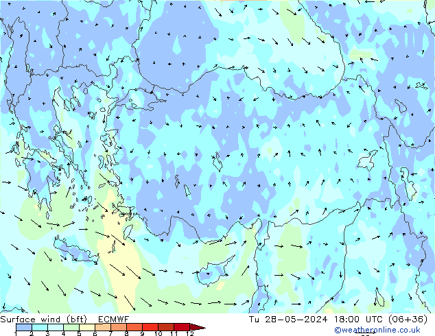 wiatr 10 m (bft) ECMWF wto. 28.05.2024 18 UTC