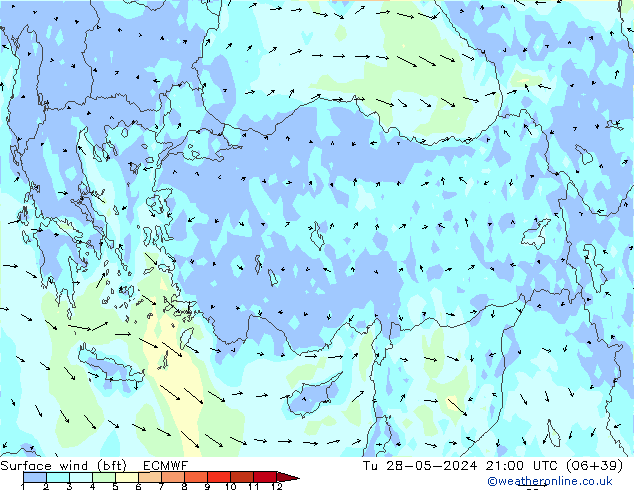 Vento 10 m (bft) ECMWF Ter 28.05.2024 21 UTC