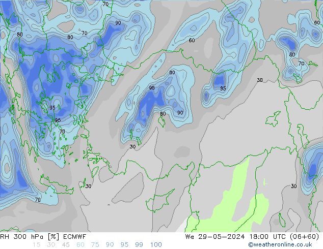 RH 300 hPa ECMWF śro. 29.05.2024 18 UTC