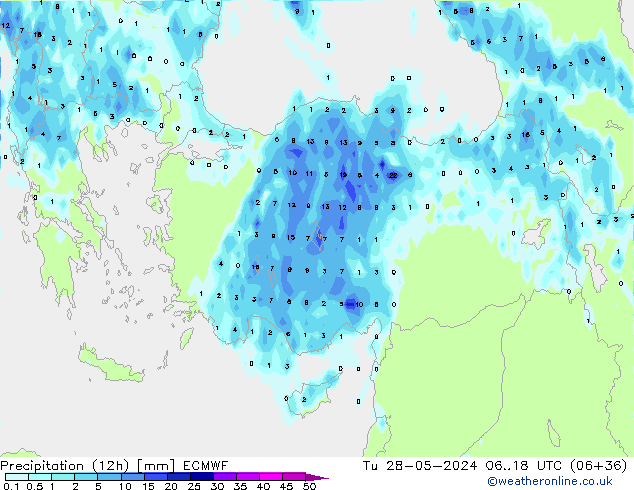 Precipitation (12h) ECMWF Út 28.05.2024 18 UTC