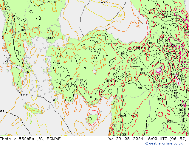 Theta-e 850hPa ECMWF mer 29.05.2024 15 UTC